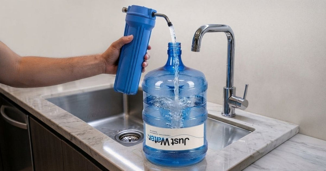 Filling a 15L Just Water bottle with the filter kit from the Fill Your Own unit