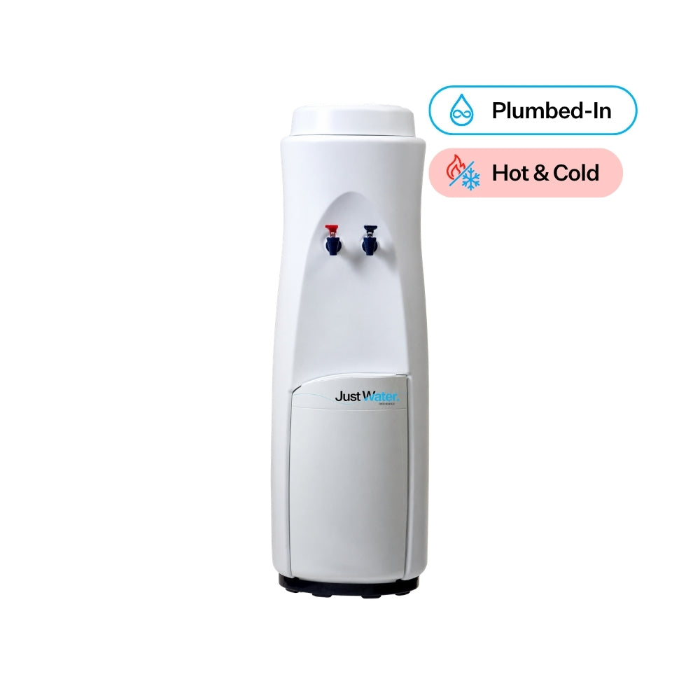 Just Water White Floor Standing Plumbed-In Hot & Cold Unit for unlimited filtered hot and cold water 