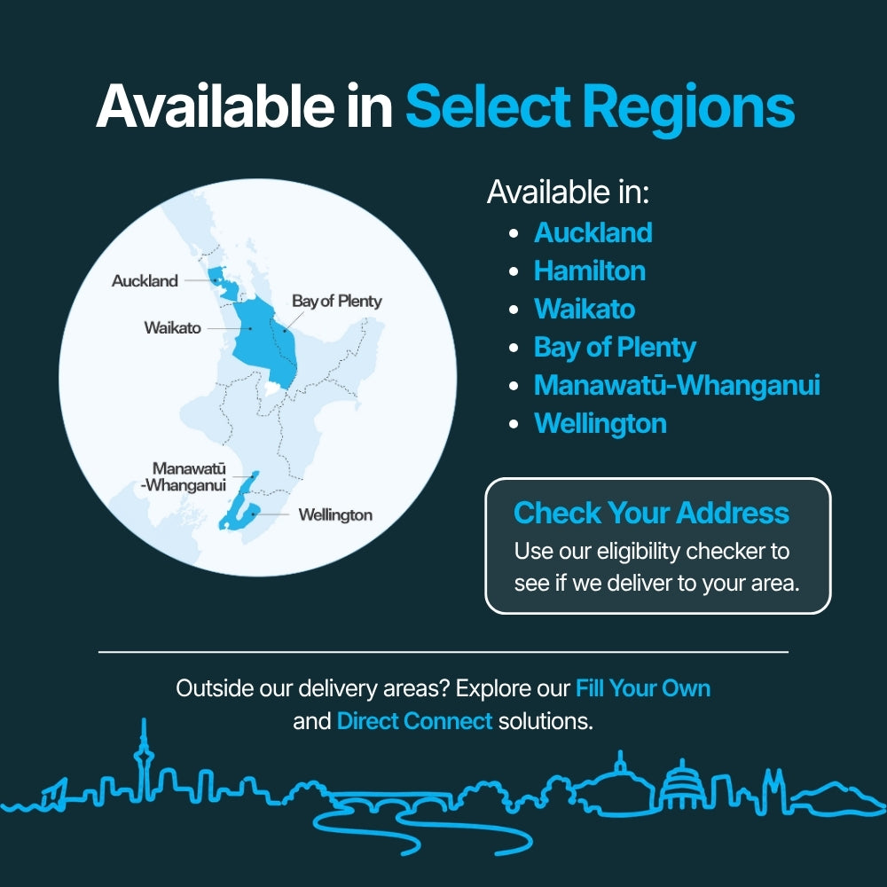 Just Water's Water Delivery is available in select regions including Auckland, Hamilton, Waikato, Bay of Plenty, Manawatu-Whanganui and Wellington